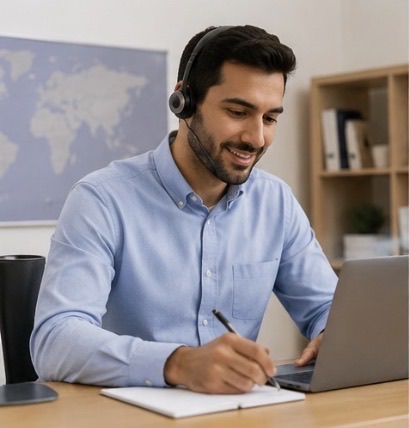An interpreter in a headset taking notes beside a laptop, illustrating remote interpretation by phone and video.