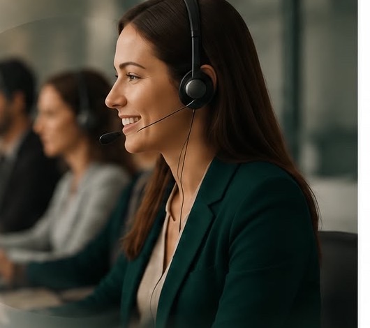 A person wearing a headset smiling mid-conversation at a desk in a professional office, illustrating remote interpretation by phone and video.