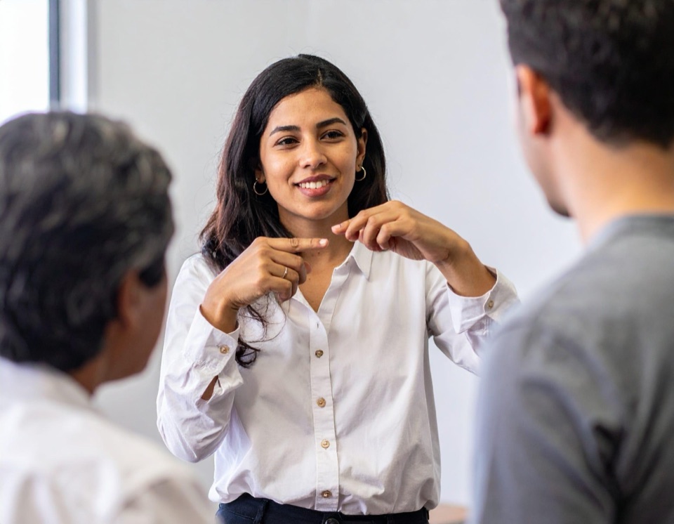 A sign language interpreter signing to two people in a meeting room, illustrating ASL and BSL interpretation on site and by video.